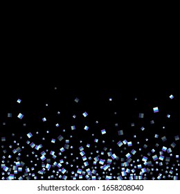 Iridescent rectangle, shiny confetti. Rainbow Scattered little sparkling, glitter sequin. Random falling paillettes, spangle, square elements black background. New Year Christmas Vector illustration.