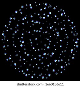 Iridescent rectangle, shiny confetti. Rainbow Scattered little sparkling, glitter sequin. Random falling paillettes, spangle, square elements black background. New Year Christmas Vector illustration.
