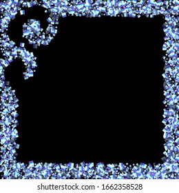Iridescent rectangle, shiny confetti. Rainbow Scattered little sparkling, glitter sequin. Random falling paillettes, spangle, square elements black background. New Year Christmas Vector illustration.