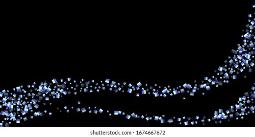 Iridescent rectangle, shiny confetti. Rainbow Scattered little sparkling, glitter sequin. Random falling paillettes, spangle, square elements black background. New Year Christmas Vector illustration.