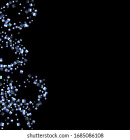 Iridescent rectangle, shiny confetti. Rainbow Scattered little sparkling, glitter sequin. Random falling paillettes, spangle, square elements black background. New Year Christmas Vector illustration.
