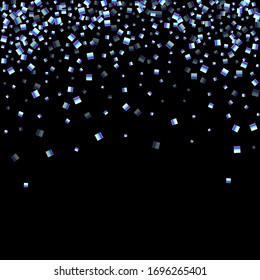 Iridescent rectangle, shiny confetti. Rainbow Scattered little sparkling, glitter sequin. Random falling paillettes, spangle, square elements black background. New Year Christmas Vector illustration.