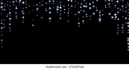Iridescent rectangle, shiny confetti. Rainbow Scattered little sparkling, glitter sequin. Random falling paillettes, spangle, square elements black background. New Year Christmas Vector illustration.