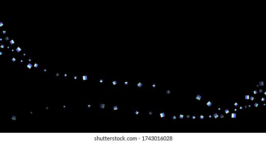 Iridescent rectangle, shiny confetti. Rainbow Scattered little sparkling, glitter sequin. Random falling paillettes, spangle, square elements black background. New Year Christmas Vector illustration.