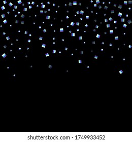Iridescent rectangle, shiny confetti. Rainbow Scattered little sparkling, glitter sequin. Random falling paillettes, spangle, square elements black background. New Year Christmas Vector illustration.