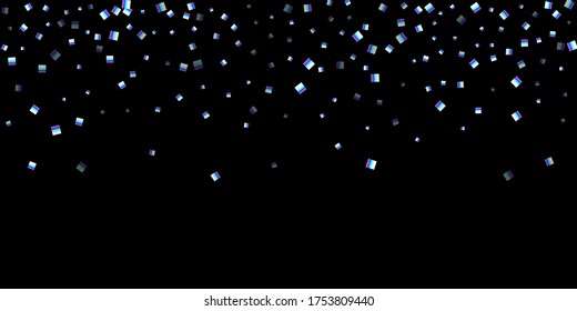Iridescent rectangle, shiny confetti. Rainbow Scattered little sparkling, glitter sequin. Random falling paillettes, spangle, square elements black background. New Year Christmas Vector illustration.