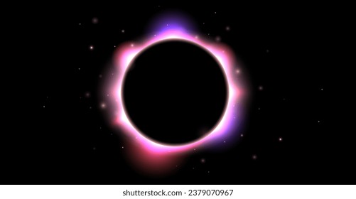 Iridescent round aura eclipse. Pink purple moon glow background. Sun or planet total eclipse in dark space. Star aurora flare with sparks and sparkles effects. Vector illustration