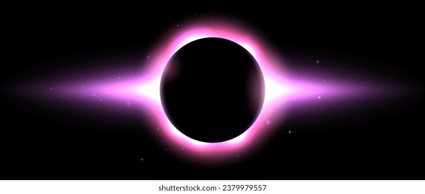 Iridescent round aura eclipse. Pink purple planet glow background. Sun or moon total eclipse in dark space. Star aurora flare with sparks and sparkles effects. Vector illustration