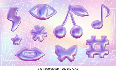 Iridescent shining emoji vector 3d set. Holographic cherry, star, hashtag,butterfly, flower design elements. Eye and lips with music note. Pink chrome metallic shapes