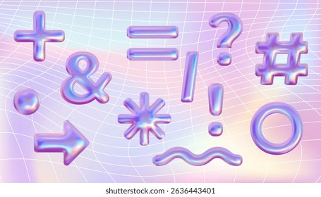 Iridescent shining emoji vector 3d set. Holographic cherry, star, hashtag,butterfly, flower design elements. Eye and lips with music note. Pink chrome metallic shapes