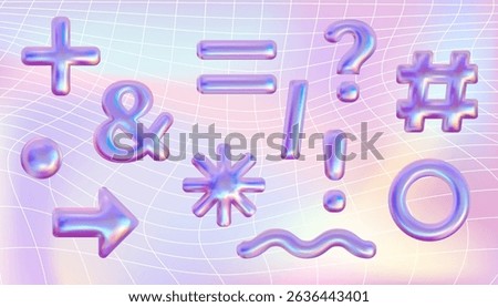 Iridescent shining emoji vector 3d set. Holographic cherry, star, hashtag,butterfly, flower design elements. Eye and lips with music note. Pink chrome metallic shapes