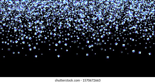 Iridescent shiny rectangle confetti. Rainbow Scattered little sparkling, glitter sequin. Random falling spangled square elements black background. New Year Christmas Vector illustration.