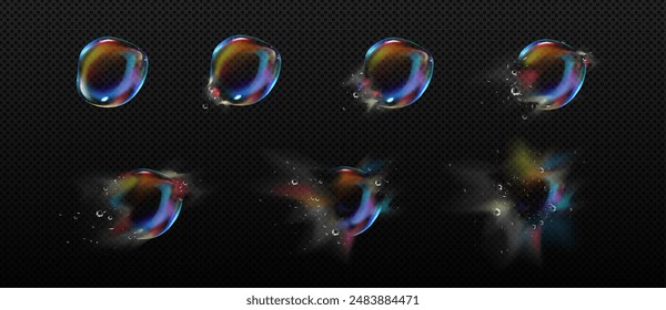 Iridescent soap bubble burst and disappear sequence steps for animation. Sprite sheet for flying rainbow colored transparent liquid soapy detergent or shampoo sphere. Realistic 3d vector set.