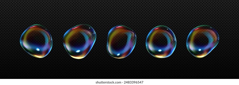 Burbuja de jabón iridiscente de forma redonda e irregular. Detergente líquido transparente jabonoso de color arco iris o esfera de vidrio. Juego de Ilustración vectorial 3D realista de champú volador o bolas abstractas de lavandería