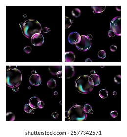 Iridescent Soap Bubbles backgrounds set.Bright rainbow bubbles with colorful reflections floating on a black background.For creative banners and posters, presentations,websites or social media.Vector 