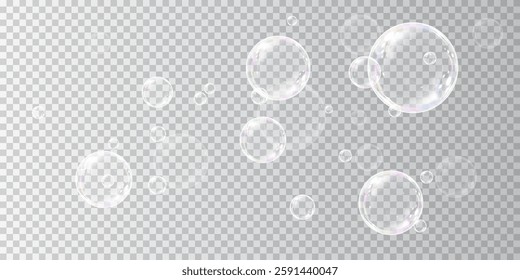  Iridescent soap bubbles in various sizes shimmer with rainbow reflections against a checkered transparent backdrop. The elegant, airy elements add a magical, dreamy touch to any composition.