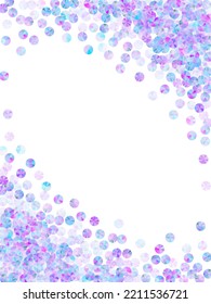 Iridescent spangles confetti placer vector illustration. Festive glowing spangle particles holiday decor top view. Holiday confetti scatter twinkling pattern.