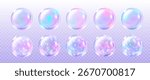 Iridescent sparkle bubble set with holographic rainbow reflections and glossy transparent spheres for dreamy designs. Floating soap orbs with pink and blue shimmer for beauty product, fantasy graphics
