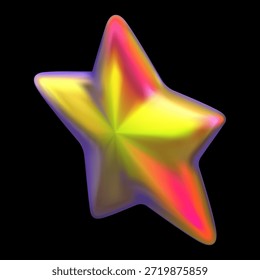Iridescent star realistic 3D vector design. Holographic red orange gradient space galaxy emoji. Sparkle isometric decoration. Glossy five-pointed star game rating achievement, award. Animation design