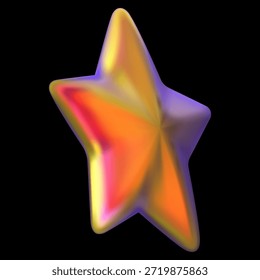 Design de vetor 3D realista de estrela iridescente. Emoji holográfico da galáxia do espaço com gradiente vermelho laranja. Conquista de classificação de jogo de estrelas de cinco pontas, prêmio. Decoração isométrica de faísca. Design de animação