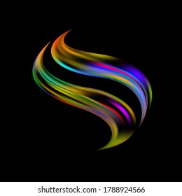 Iridescent streaks enveloped the sphere. Volumetric enveloping with a ribbon around the ball. Mysterious dark logo. Magic matter the secret sign of the energy of the space. Abstract fluorescent planet