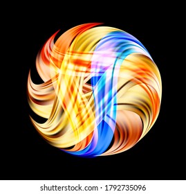 Iridescent streaks enveloped the sphere. Volumetric enveloping with a ribbon around the ball. Mysterious dark logo. Magic matter the secret sign of the energy of the space. Abstract fluorescent planet