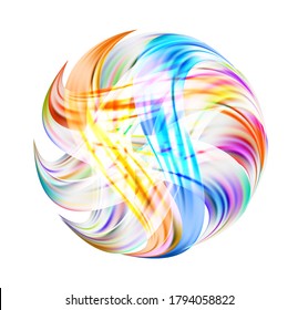 Iridescent streaks enveloped the sphere. Volumetric enveloping with a ribbon around the ball. Mysterious circle logo. Magic matter secret sign of the energy of the space. Abstract fluorescent planet