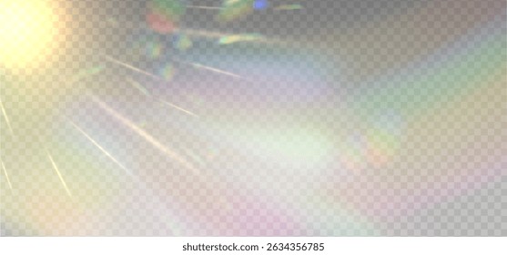 Bengalas iridiscentes de luz solar con efectos brillantes transparentes. Efecto de reflexión de lentes de cristal angular. Luces ópticas del arco iris, resplandor, fuga, superposición de la raya. Vector espumoso.