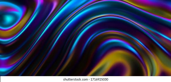 Iridescent surface with wavy ripples. Vector 3d illustration. Abstract fluorescent background. Fluid neon leak backdrop. Decoration for futuristic design. Ultraviolet viscous substance