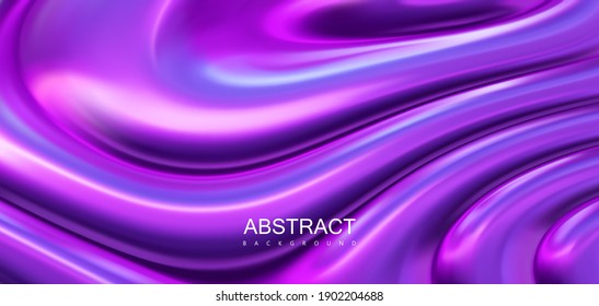 Iridescent surface with wavy ripples. Vector 3d illustration. Abstract fluorescent background. Fluid neon leak backdrop. Decoration for futuristic design. Ultraviolet viscous substance