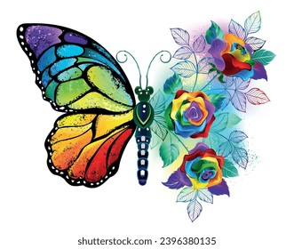 Mariposa de monarca irlandesa, texturada, dibujada de forma artística, con ramo de arco iris, brillante, rosas sobre fondo blanco. Mariposa arcoiris. Arte vector dibujado a mano.