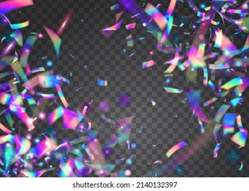 Iridescent Tinsel. Blur Element. Violet Retro Glare. Glitch Background. Modern Art. Carnival Glitter. Digital Foil. Disco Vaporwave Template. Pink Iridescent Tinsel
