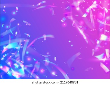 Iridescent Tinsel. Surreal Foil. Disco Colorful Decoration. Glamour Art. Purple Metal Background. Transparent Glitter. Neon Glare. Shiny Burst. Violet Iridescent Tinsel