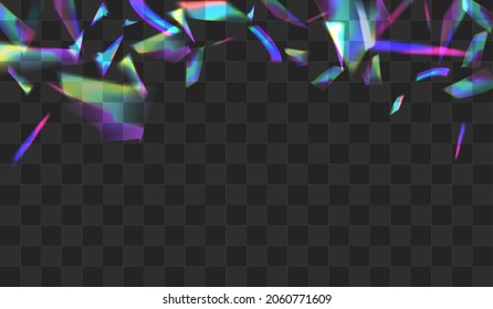 Iridescent Tinsel Vector Transparent Background. Color Refraction Festive Branch. Shine Lens Isolated Poster. Hologram Effect Glare Template.