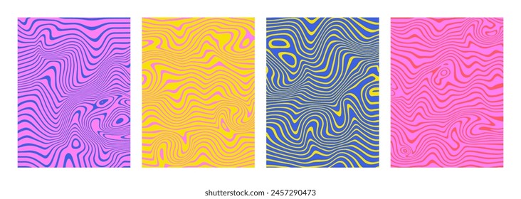 Iridescent vivid liquify backgrounds. Holographic wavy lines. Psychedelic acrylic and marble texture. Hippie groovy swirls, spirals. Modern abstract poster, banner, placard template. Summer colors.