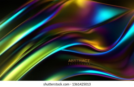 Iridescent wavy surface. Vector 3d illustration. Abstract holographic background. Colorful graphic design trend. Multicolored gradient substance. Liquid neon colors leak. Modern cover template