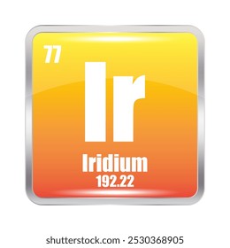 Ícone do irídio. Ir elemento químico. Número atômico 77. Massa 192.22. Vetor quadrado amarelo.