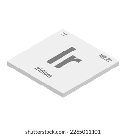 Iridium, Ir, gray 3D isometric illustration of periodic table element with name, symbol, atomic number and weight. Transition metal with various industrial uses, such as in spark plugs, electronics