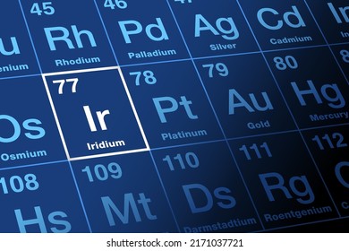 Iridium On Periodic Table. Chemical Element With Symbol Ir, Named After Greek Goddess Iris, And With Atomic Number 77. Hard, Brittle Transition And Most Corrosion Resistant Metal, Used In Electronics.