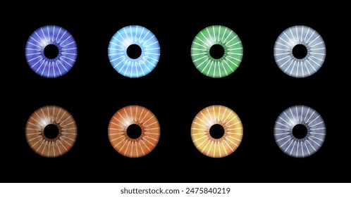 Iris anatomical poster. Human eye structure. Controlling the diameter and size of the pupil. Colorful lens, concept of vision. The amount of light reaching the retina, medical flat vector illustration