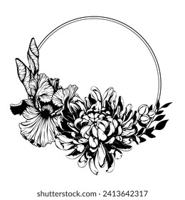 Iris, anemone, chrysanthemum flower round shape wreath. Vector spring, summer flowers and leaves bouquet border. 