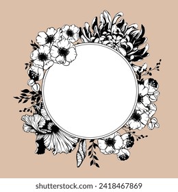 Iris, anemone, chrysanthemum flower round shape wreath. Vector spring, summer flowers and leaves bouquet border. 