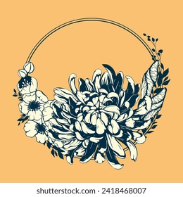Iris, anemone, chrysanthemum flower round shape wreath. Vector spring, summer flowers and leaves bouquet border. 