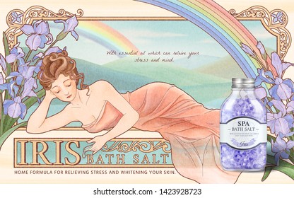 IRIS bath salt ads on mucha art style background, woman side lying with purple flowers