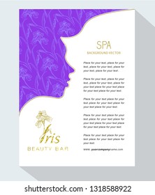 Iris beauty bar. Banner Vector for beauty salon, hotel salon beauty resort and spa. Design with illustration of young girl against a background of irises flowers. Negative space – trend.