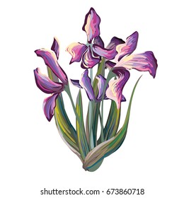 Iris bouquet in Van Gogh painting style, violet and blue flowers with leaves hand drawn with brushed lines and dots. Vector illustration.