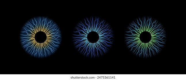 Iris creative poster. Human eye on black background. Teleport or magic portal. Controlling the diameter and size of the pupil. Colorful lens, concept of vision, futuristic lines vector illustration