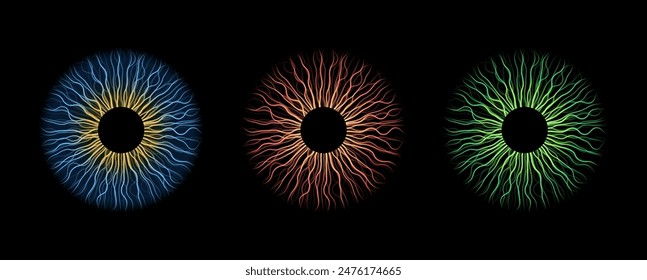 Iris creative poster. Human eye on black background. Teleport or magic portal. Controlling the diameter and size of the pupil. Colorful lens, concept of vision, futuristic lines vector illustration