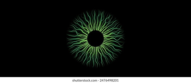 Iris creative poster. Human eye on black background. Teleport or magic portal. Controlling the diameter and size of the pupil. Colorful lens, concept of vision, futuristic lines vector illustration