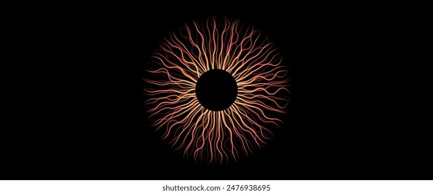 Iris creative poster. Human eye on black background. Teleport or magic portal. Controlling the diameter and size of the pupil. Colorful lens, concept of vision, futuristic lines vector illustration